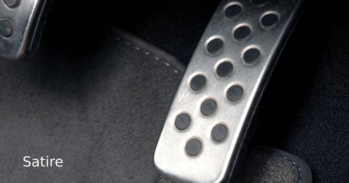 A close up of an accelerator pedal, the word 'satire' superimposed on the background of the image